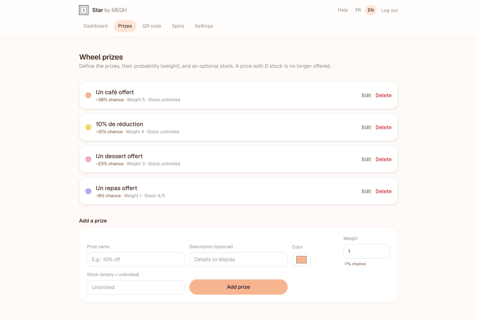 Prize list and add form