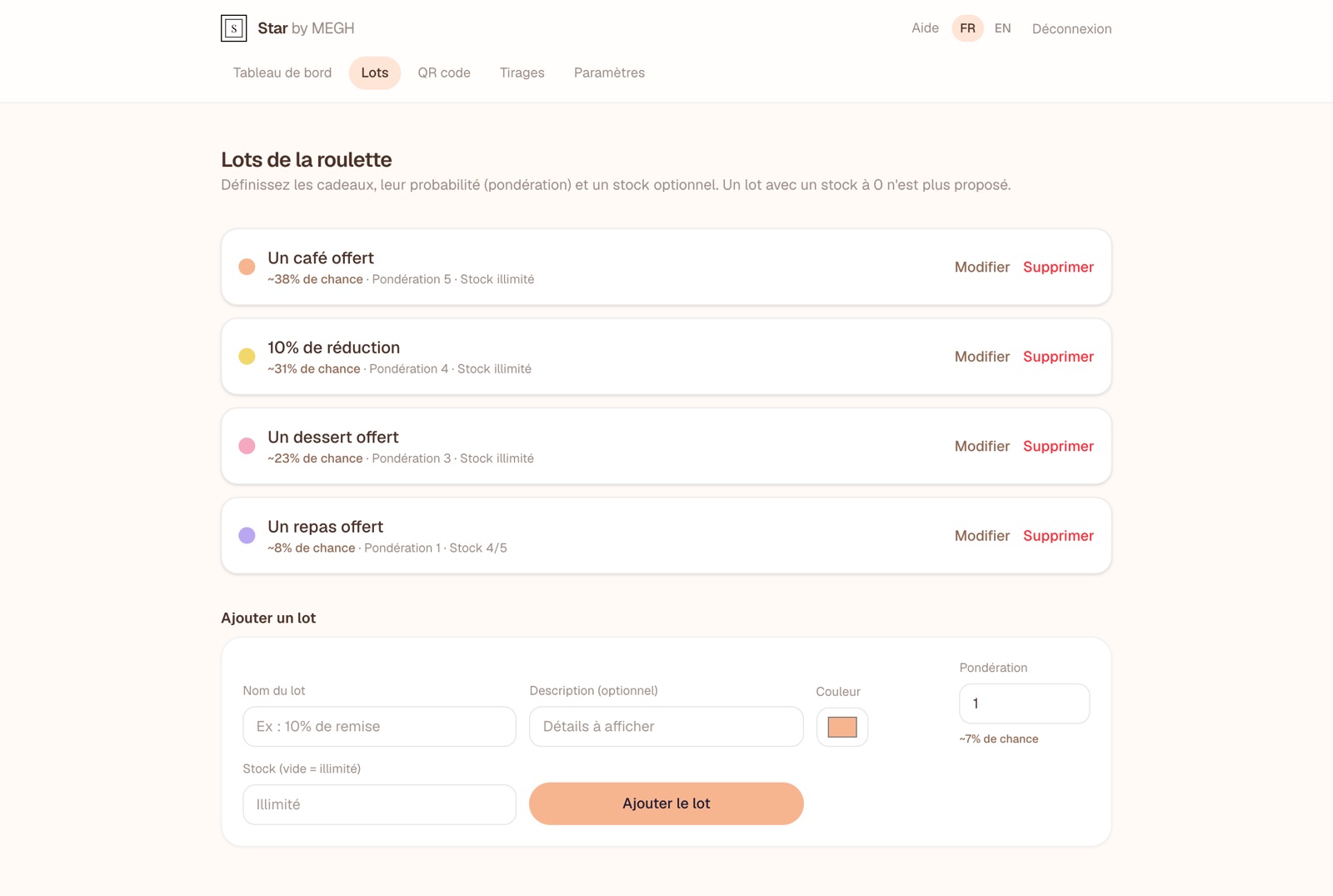 Liste des lots et formulaire d'ajout