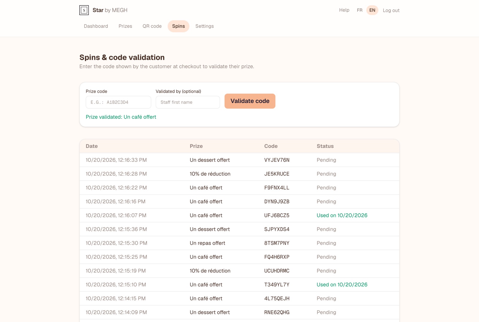 Spins tab: code validation and history