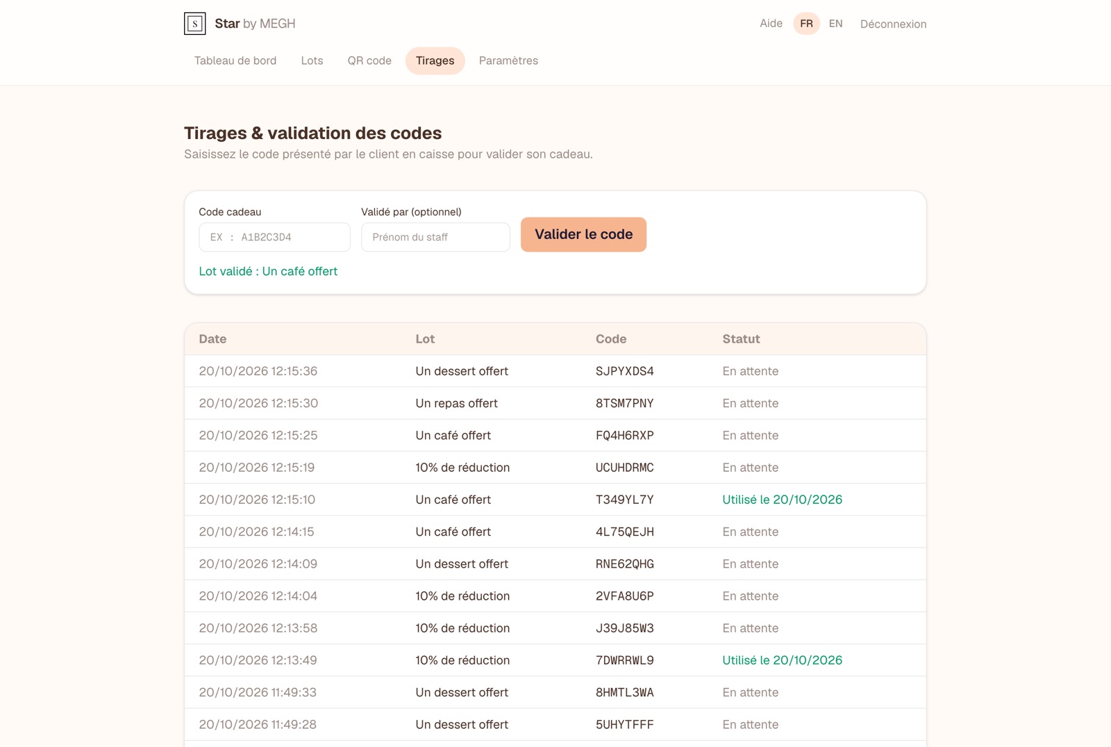 Onglet Tirages : validation d'un code et historique